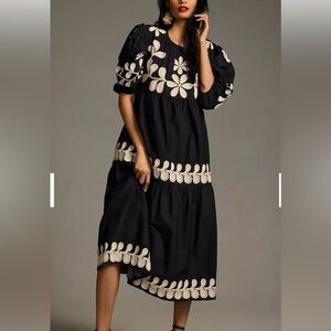 Anthropologie Embroidered Puff-Sleeve Midi Dress Cotton Floral medium